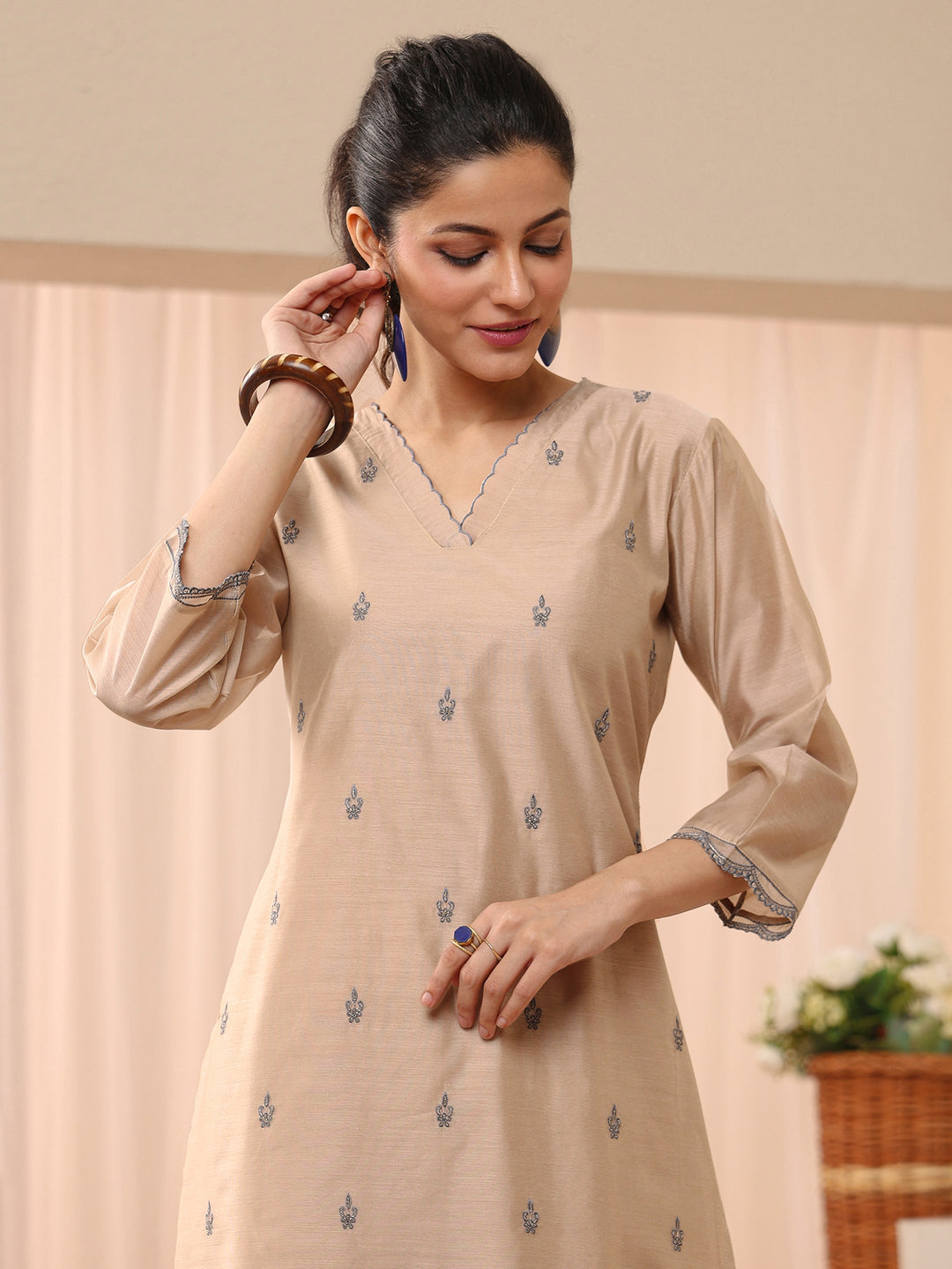  Beige Ethnic Embroidered Chanderi Silk Straight Suit Set 