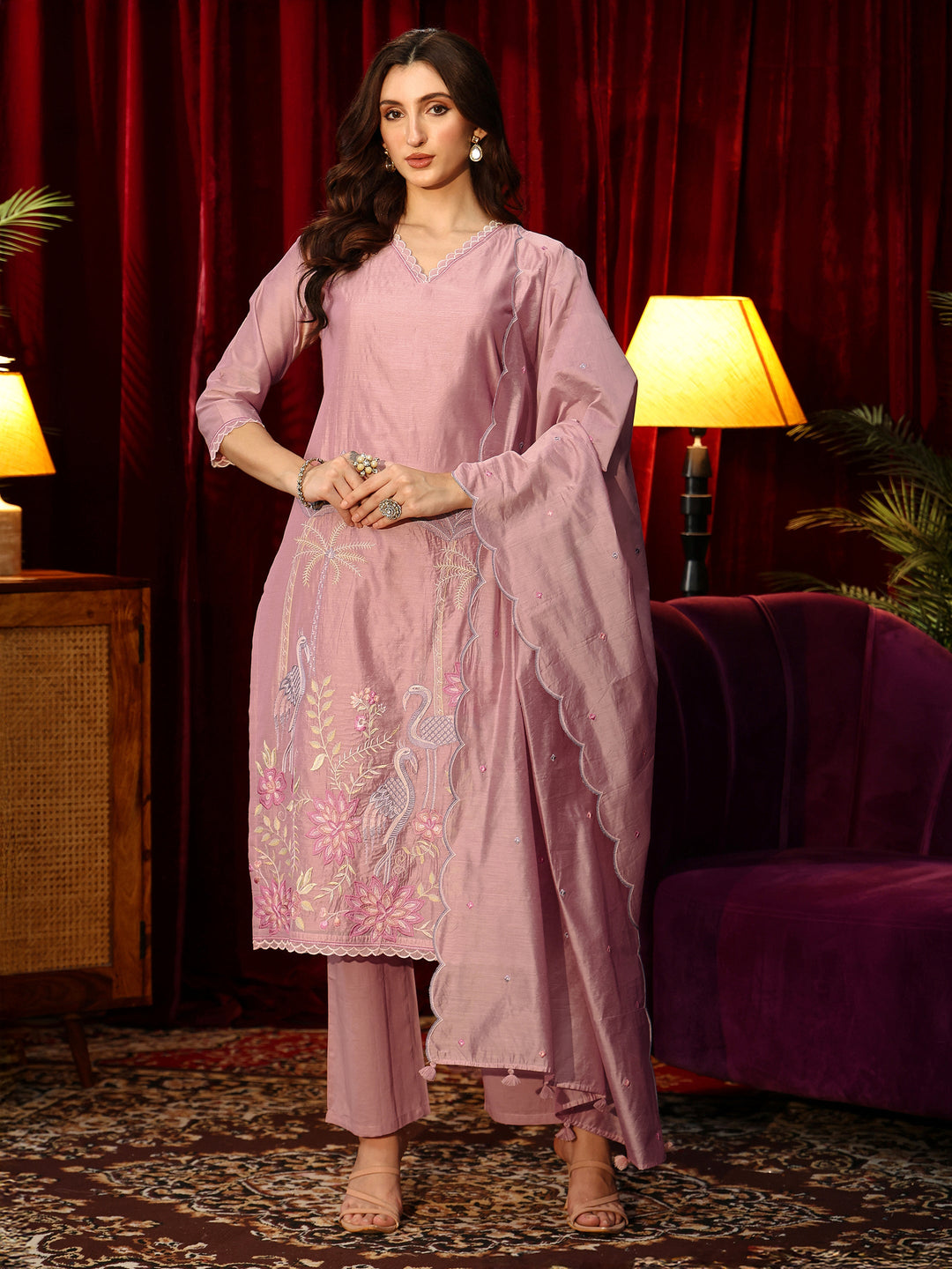  Dusty Pink Floral Embroidered Chanderi Silk Straight Suit Set 