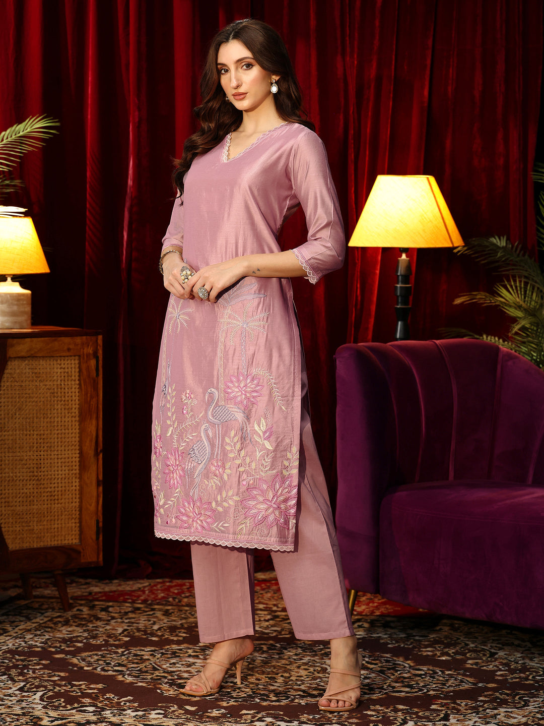  Dusty Pink Floral Embroidered Chanderi Silk Straight Suit Set 