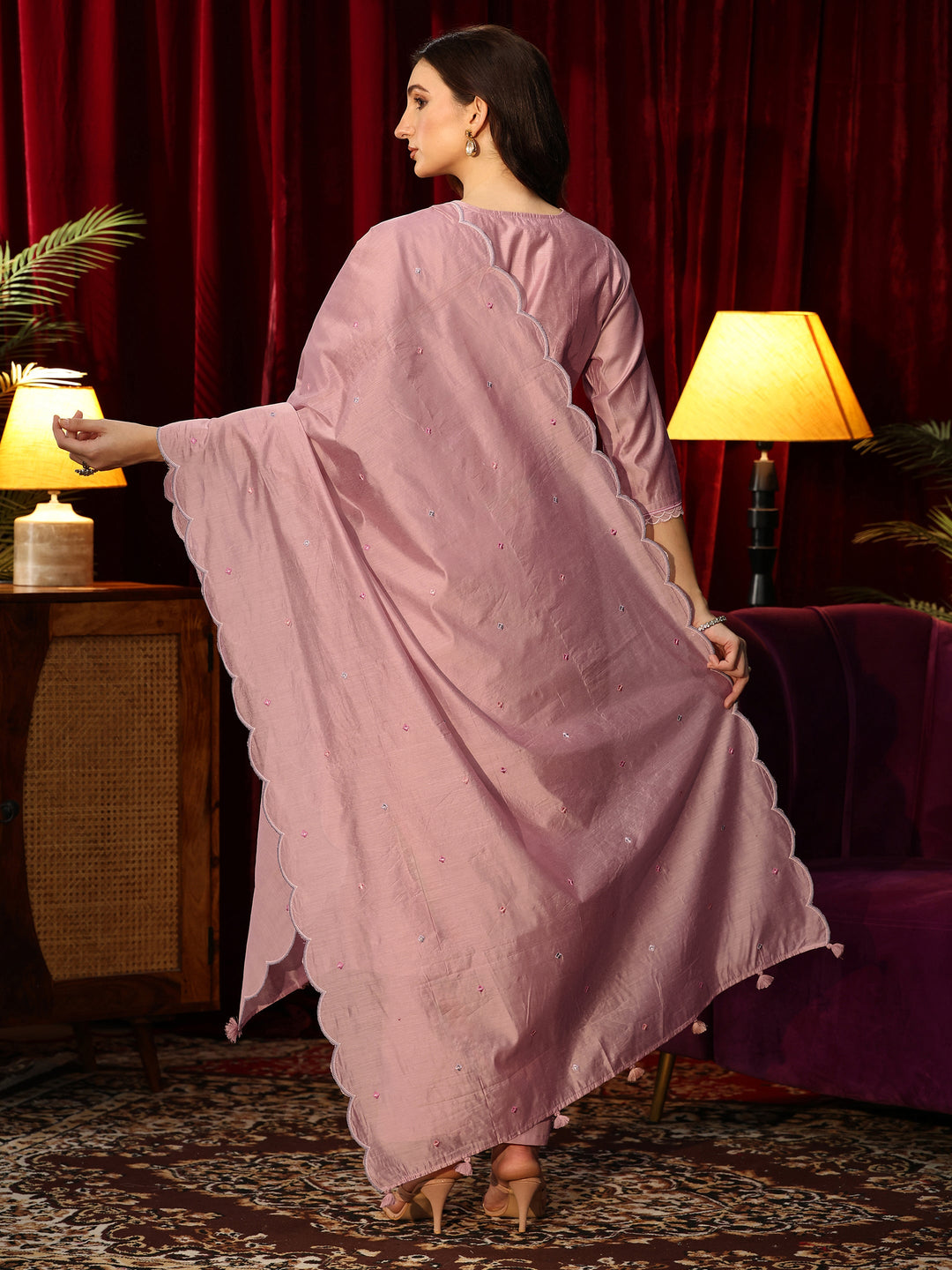  Dusty Pink Floral Embroidered Chanderi Silk Straight Suit Set 