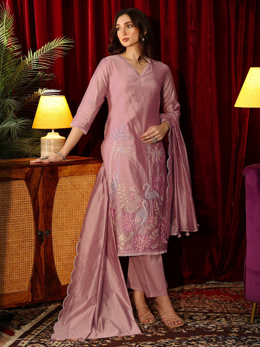  Dusty Pink Floral Embroidered Chanderi Silk Straight Suit Set 