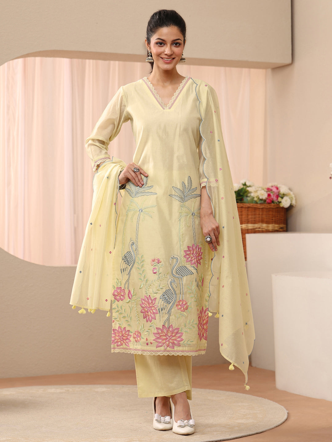  Yellow Floral Embroidered Chanderi Silk Straight Suit Set 