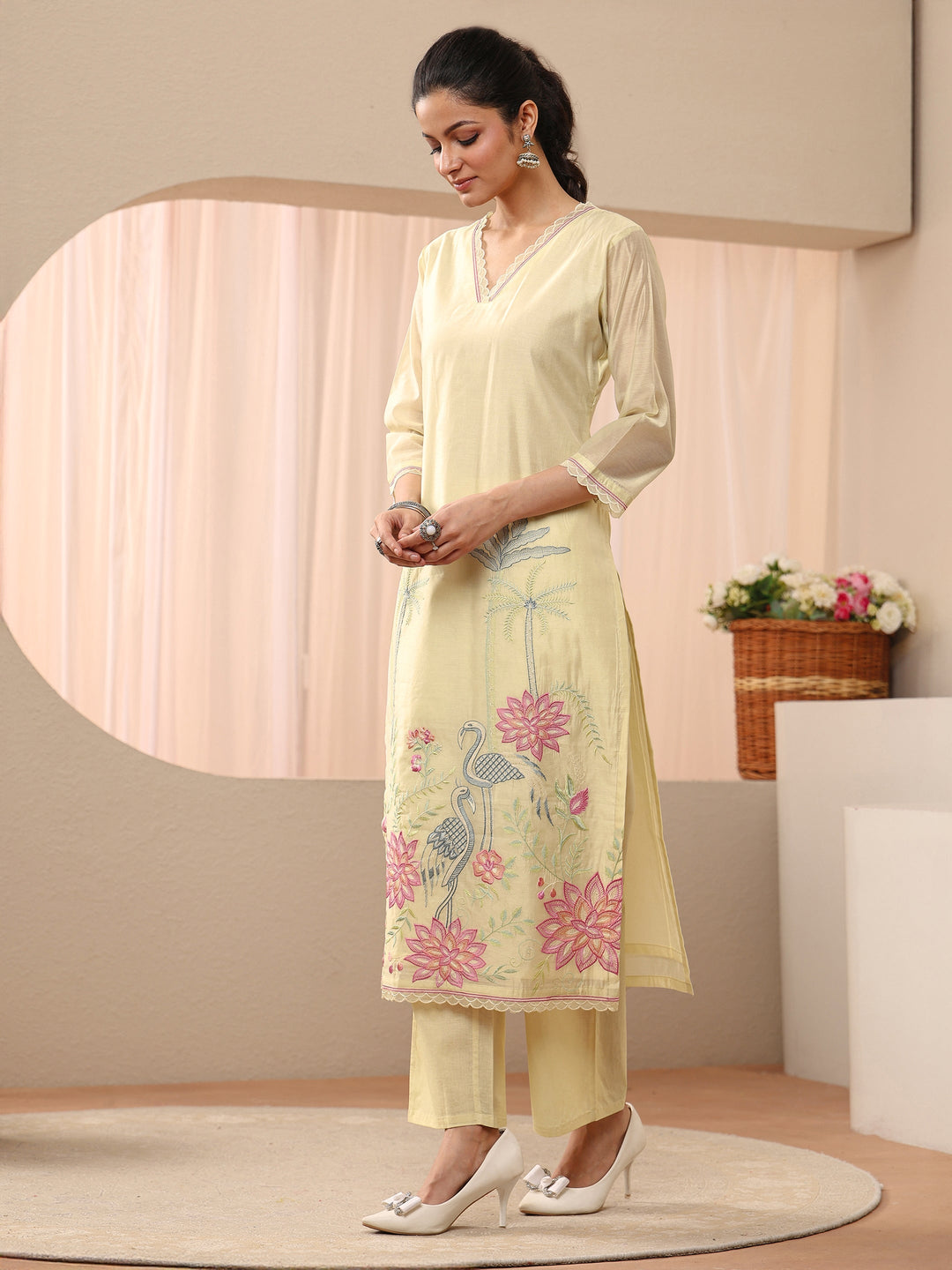  Yellow Floral Embroidered Chanderi Silk Straight Suit Set 