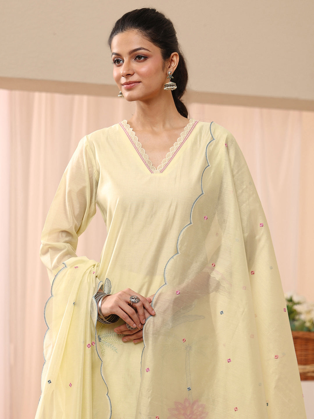  Yellow Floral Embroidered Chanderi Silk Straight Suit Set 