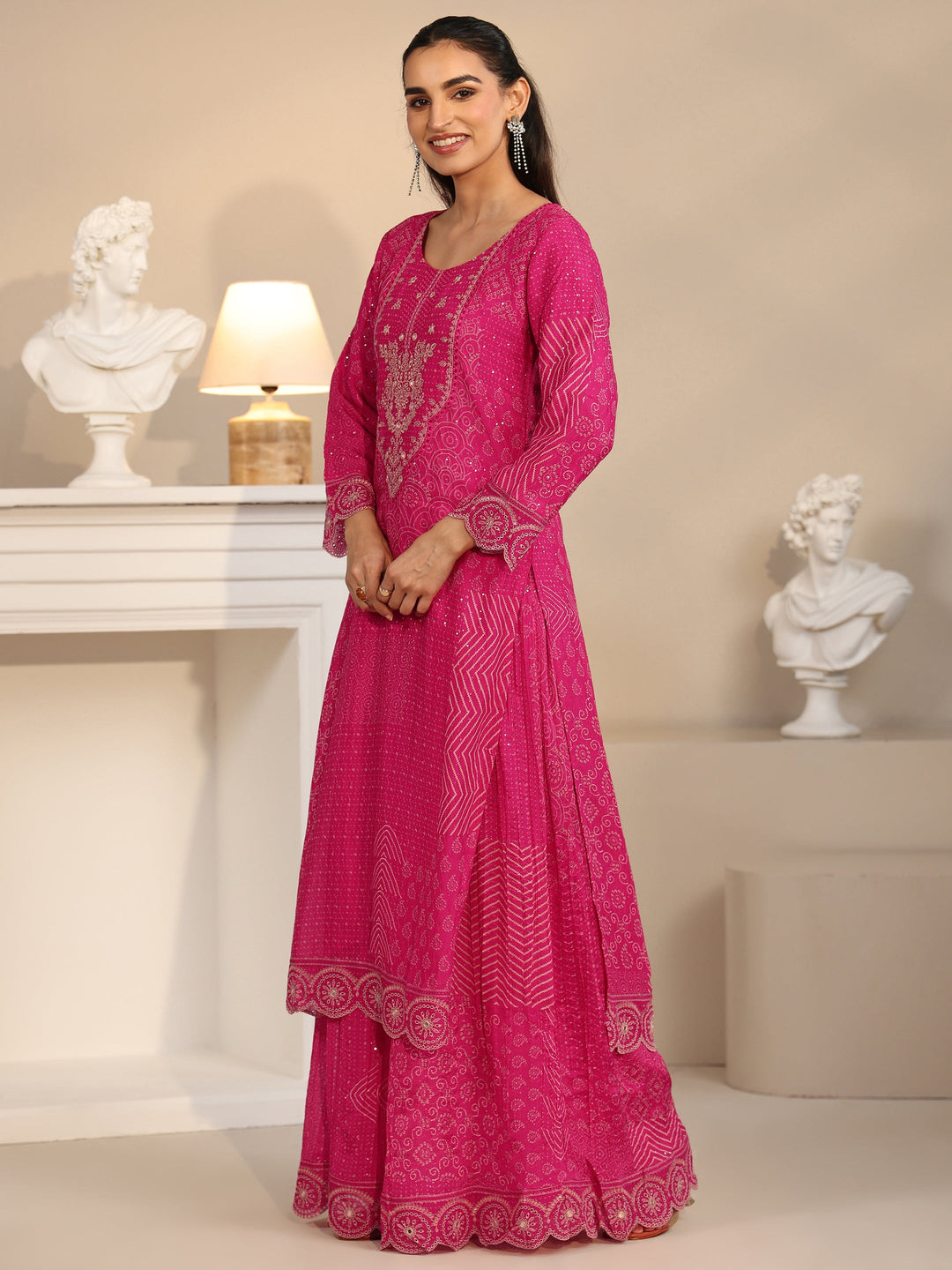  Libas Art Rani Pink Bandhani Printed Chinon Palazzo Suit Set 