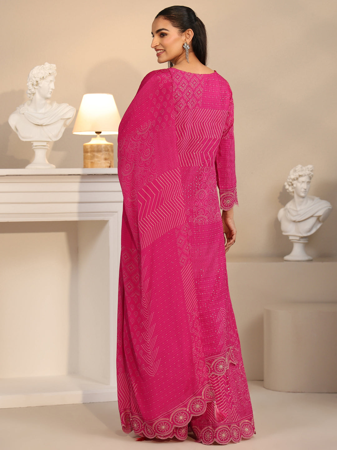  Libas Art Rani Pink Bandhani Printed Chinon Palazzo Suit Set 
