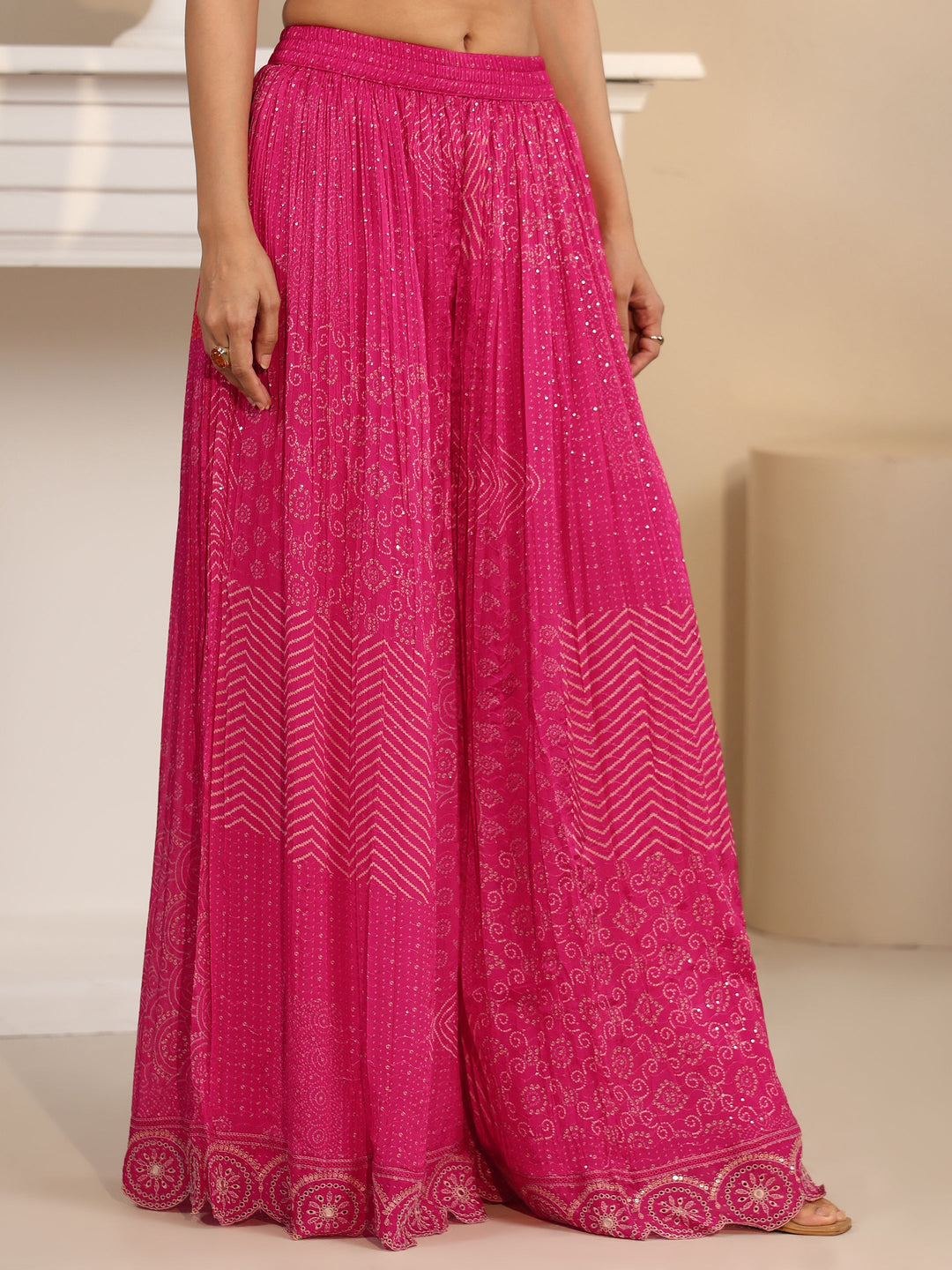  Libas Art Rani Pink Bandhani Printed Chinon Palazzo Suit Set 