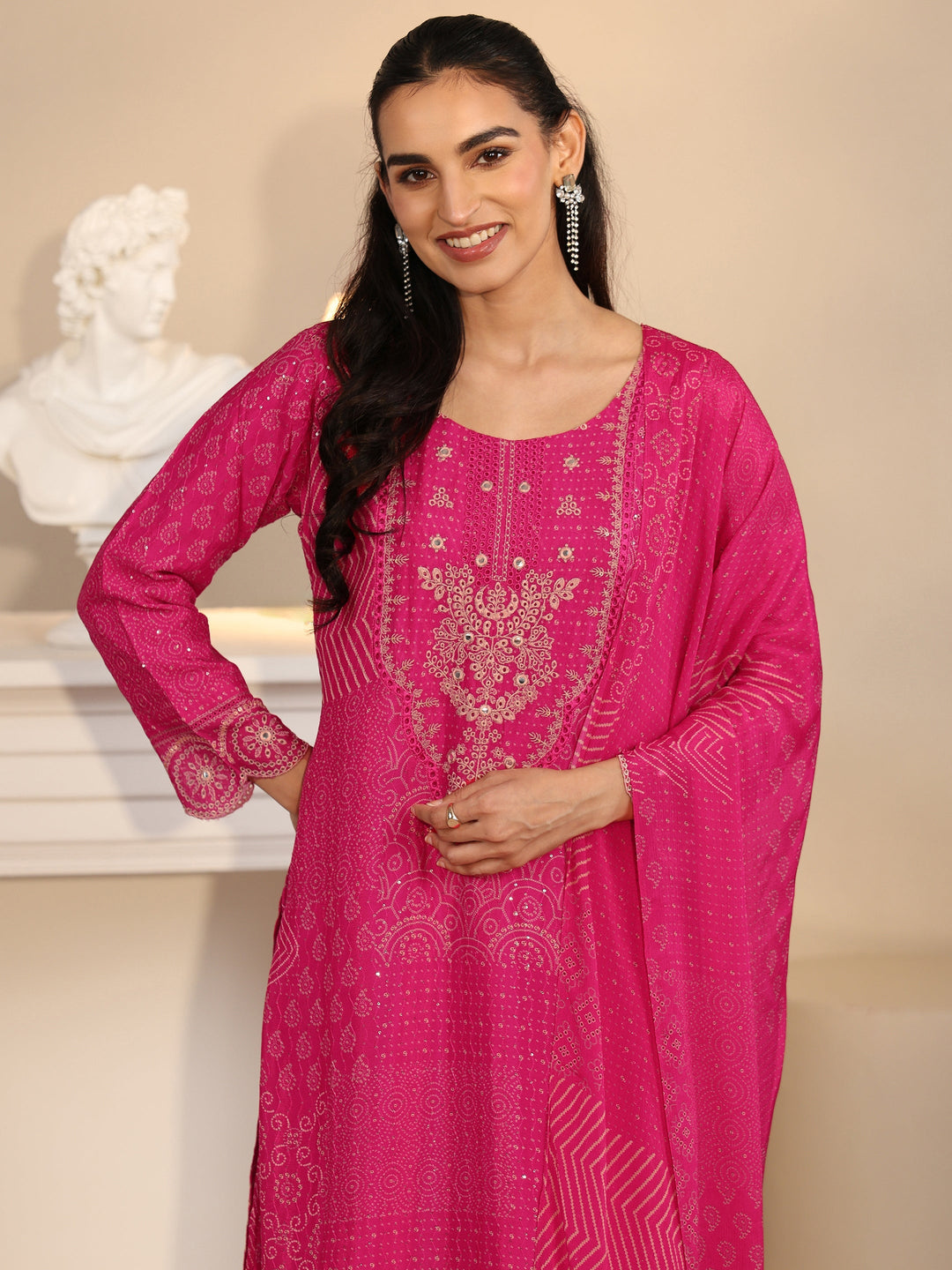  Libas Art Rani Pink Bandhani Printed Chinon Palazzo Suit Set 