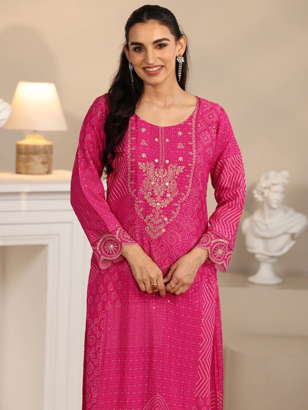  Libas Art Rani Pink Bandhani Printed Chinon Palazzo Suit Set 