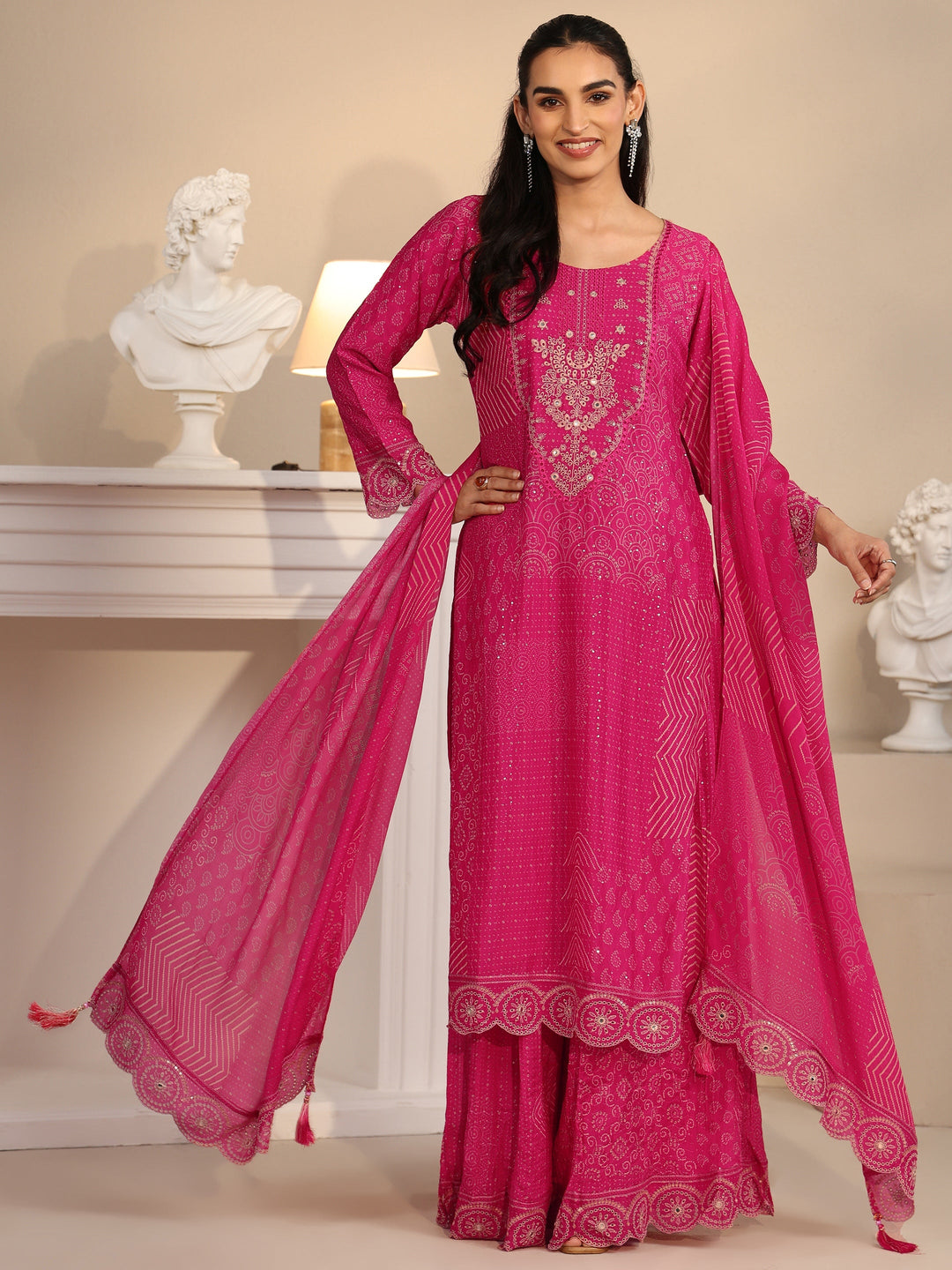  Libas Art Rani Pink Bandhani Printed Chinon Palazzo Suit Set 