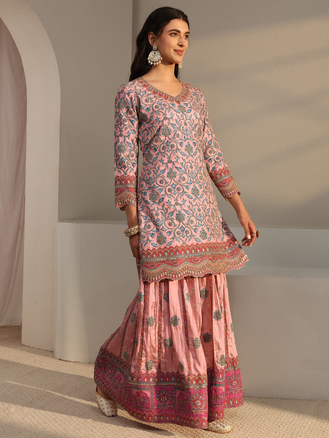  Libas Art Pink Embellished Silk Blend Sharara Suit Set With Dupatta 