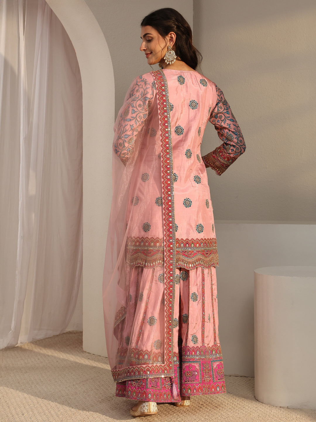  Libas Art Pink Embellished Silk Blend Sharara Suit Set With Dupatta 