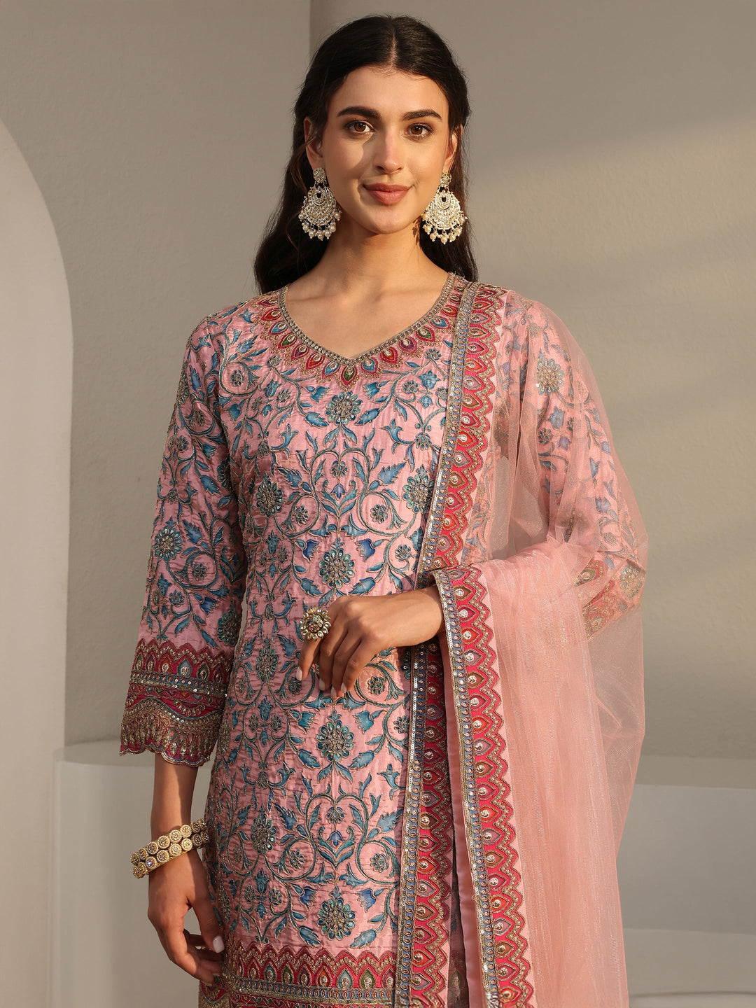  Libas Art Pink Embellished Silk Blend Sharara Suit Set With Dupatta 