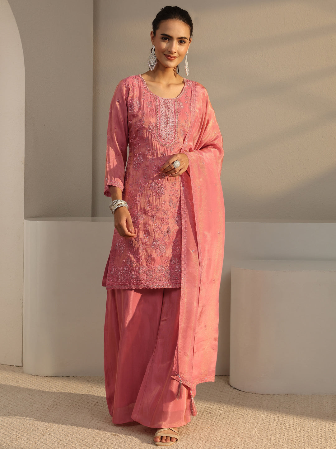  Libas Art Pink Floral Embroidered Tissue Palazzo Suit Set With Dupatta 