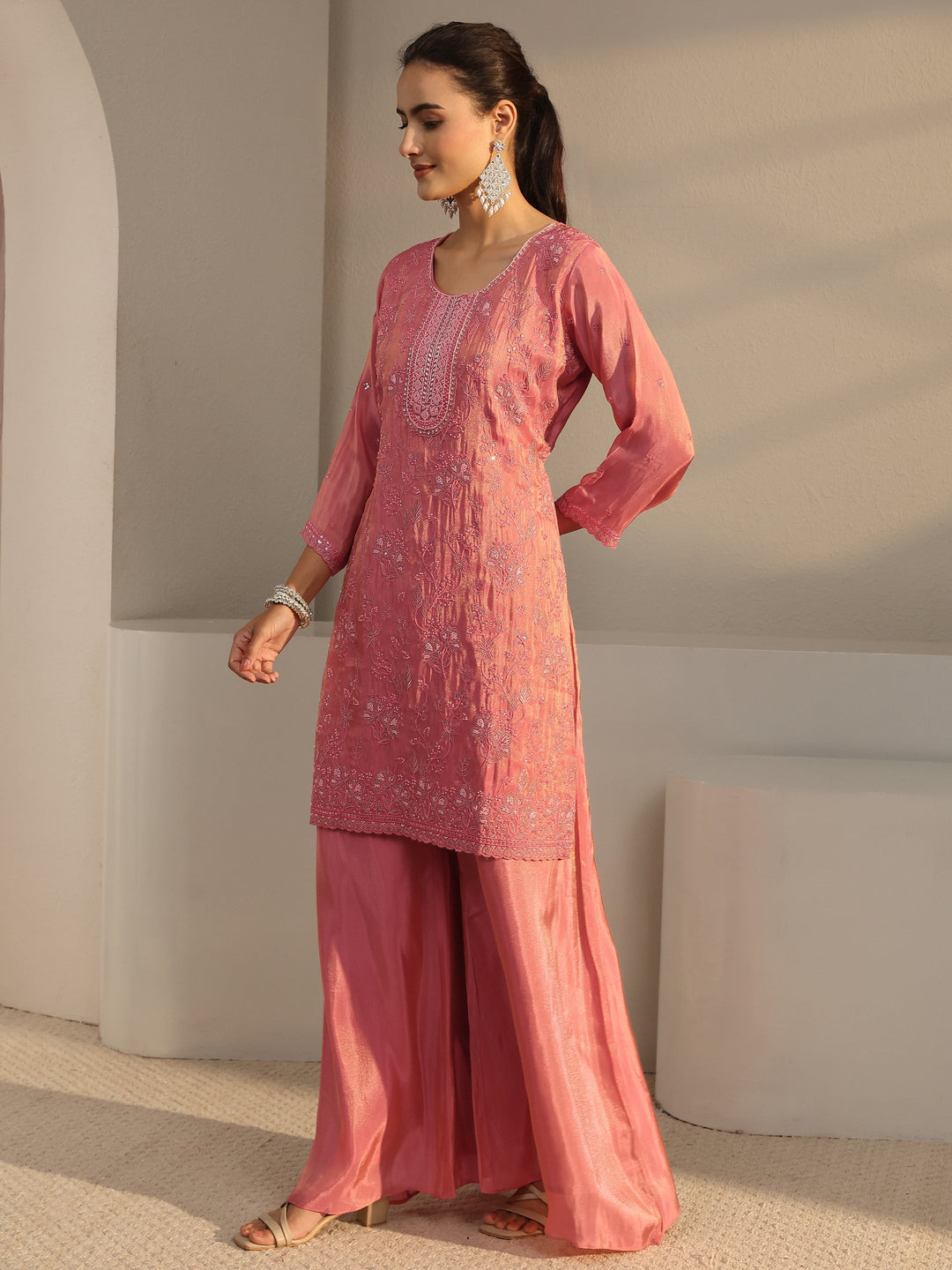  Libas Art Pink Floral Embroidered Tissue Palazzo Suit Set With Dupatta 