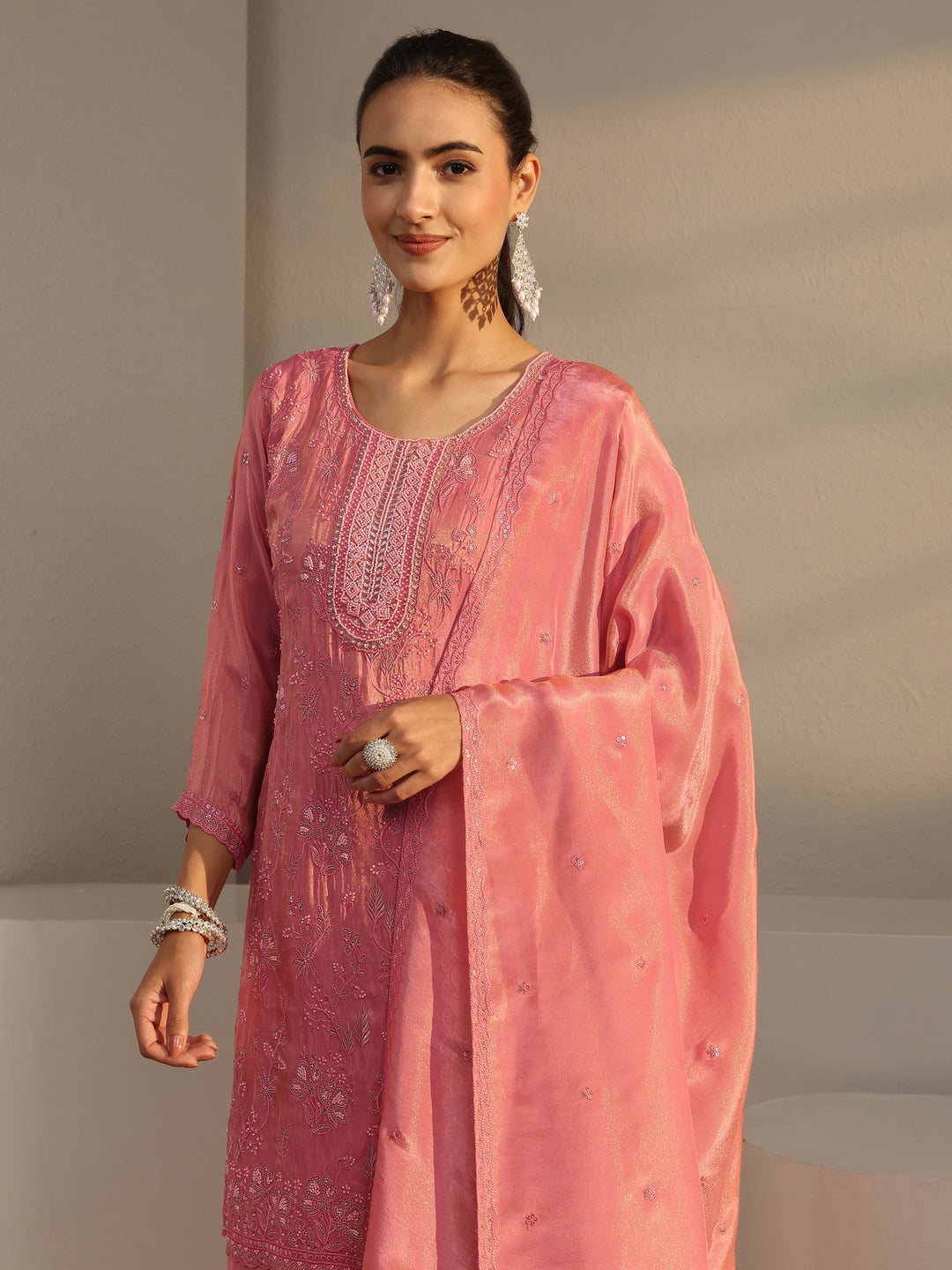  Libas Art Pink Floral Embroidered Tissue Palazzo Suit Set With Dupatta 