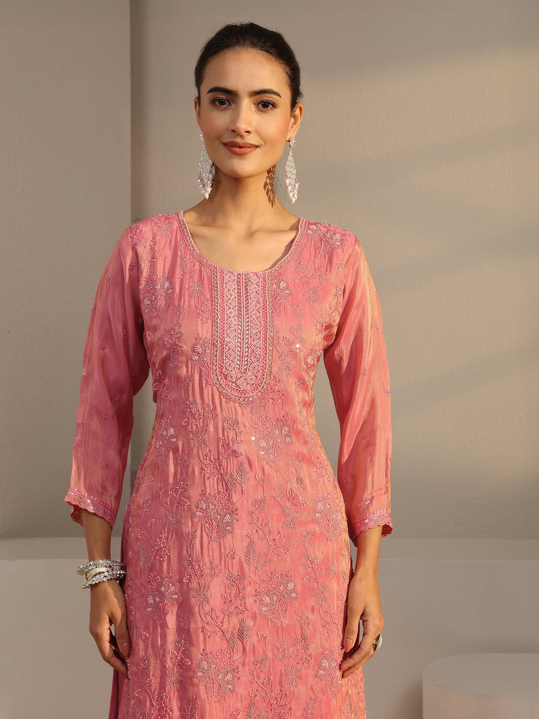  Libas Art Pink Floral Embroidered Tissue Palazzo Suit Set With Dupatta 