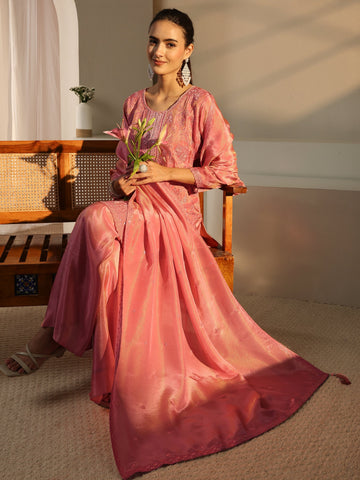 Libas Art Pink Floral Embroidered Tissue Palazzo Suit Set With Dupatta