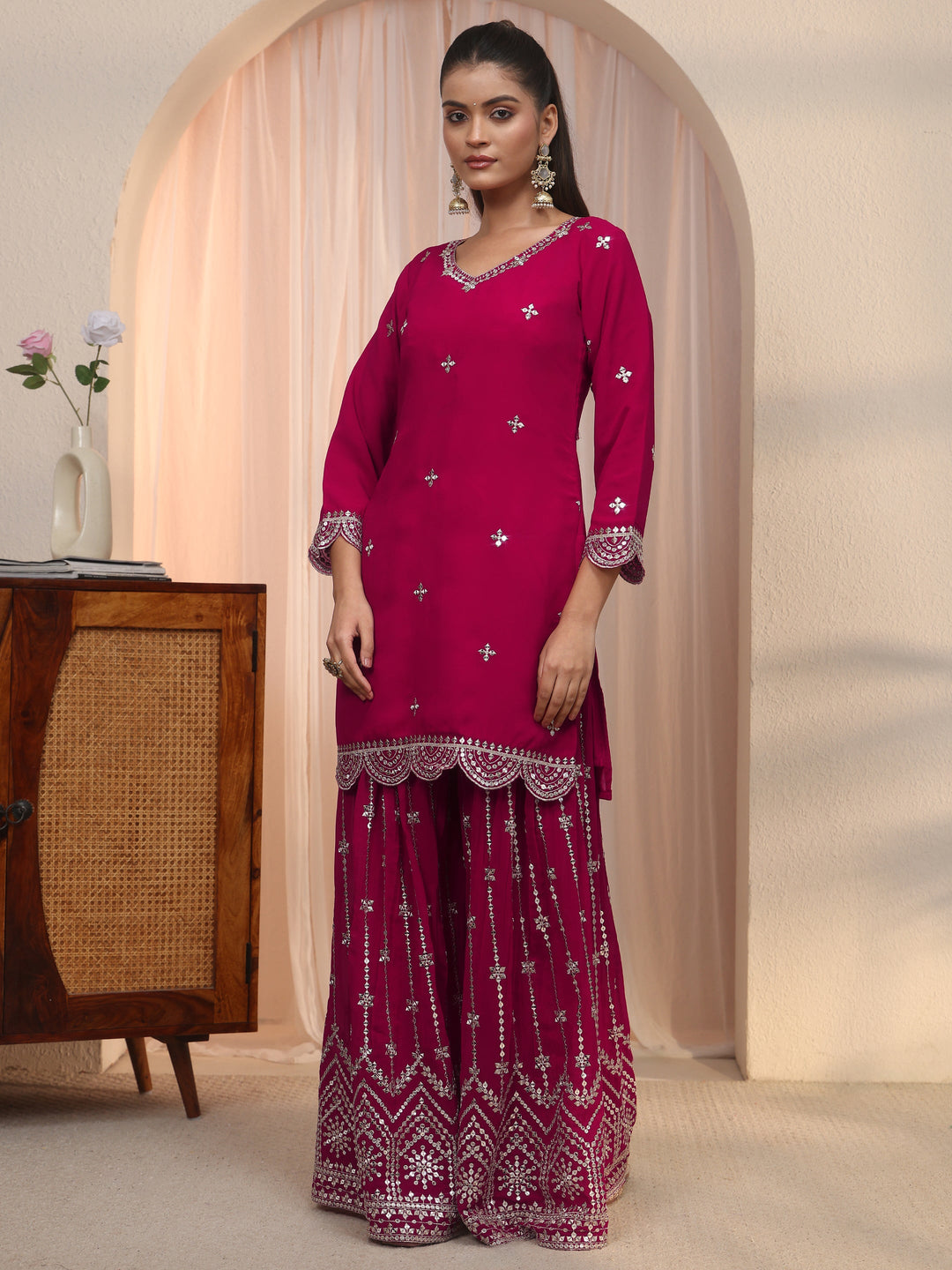  Libas Art Pink Embellished Georgette Palazzo Suit Set 