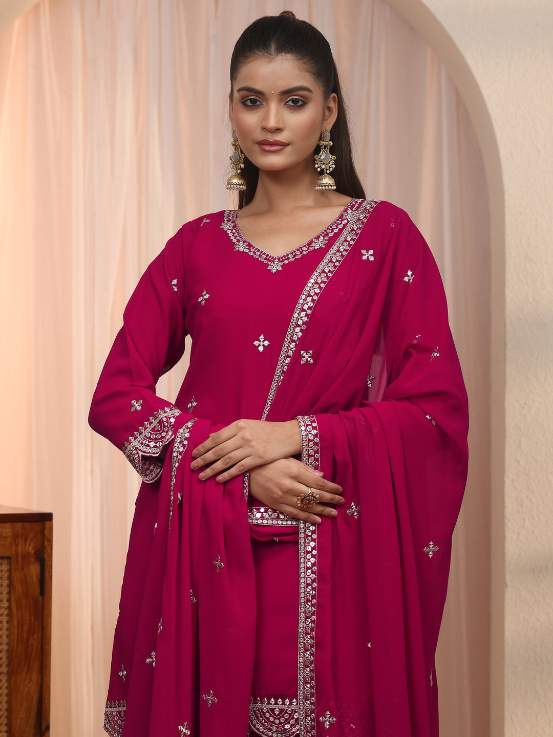  Libas Art Pink Embellished Georgette Palazzo Suit Set 