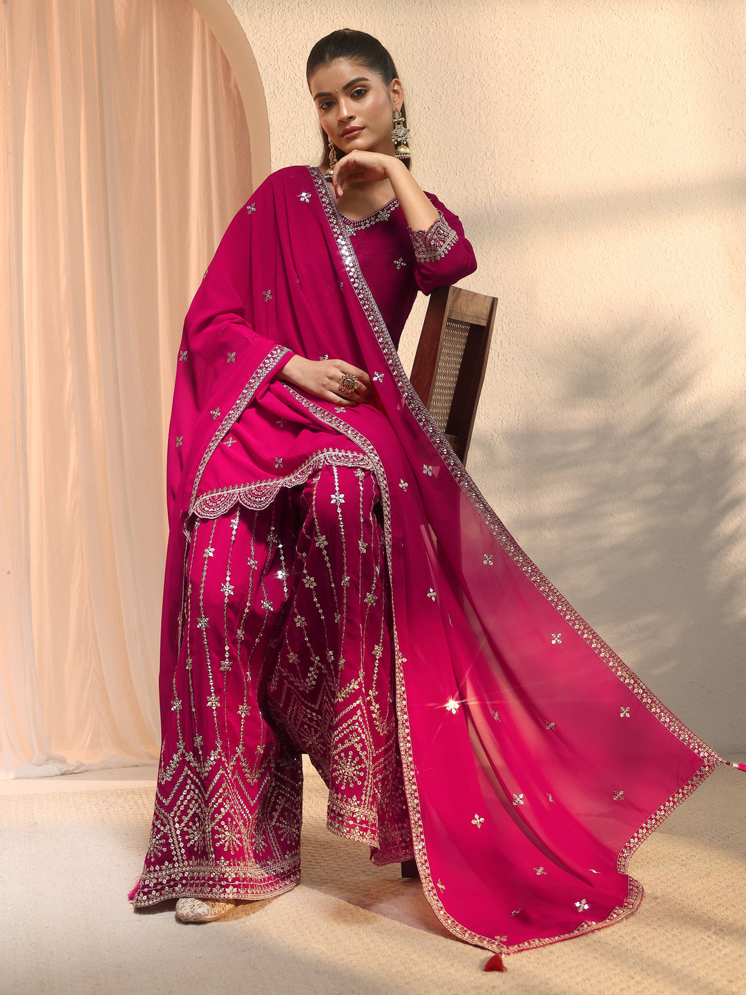  Libas Art Pink Embellished Georgette Palazzo Suit Set 
