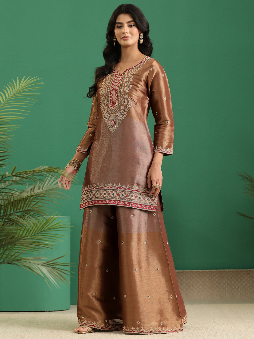  Libas Art Brown Floral Embellished Silk Blend Palazzo Suit Set 