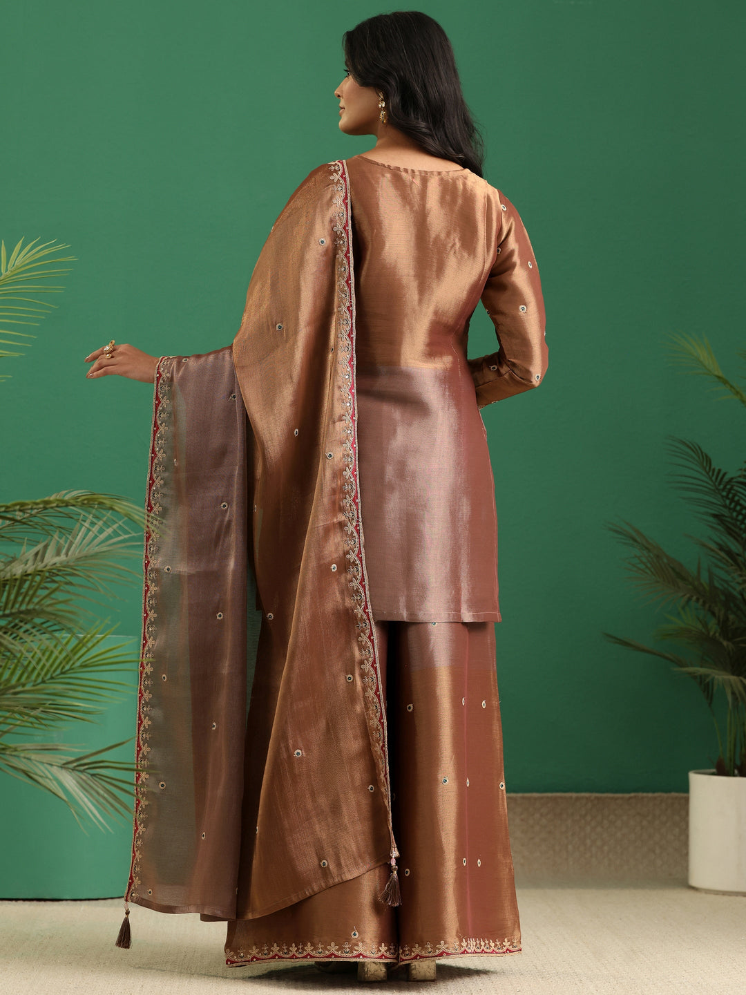  Libas Art Brown Floral Embellished Silk Blend Palazzo Suit Set 