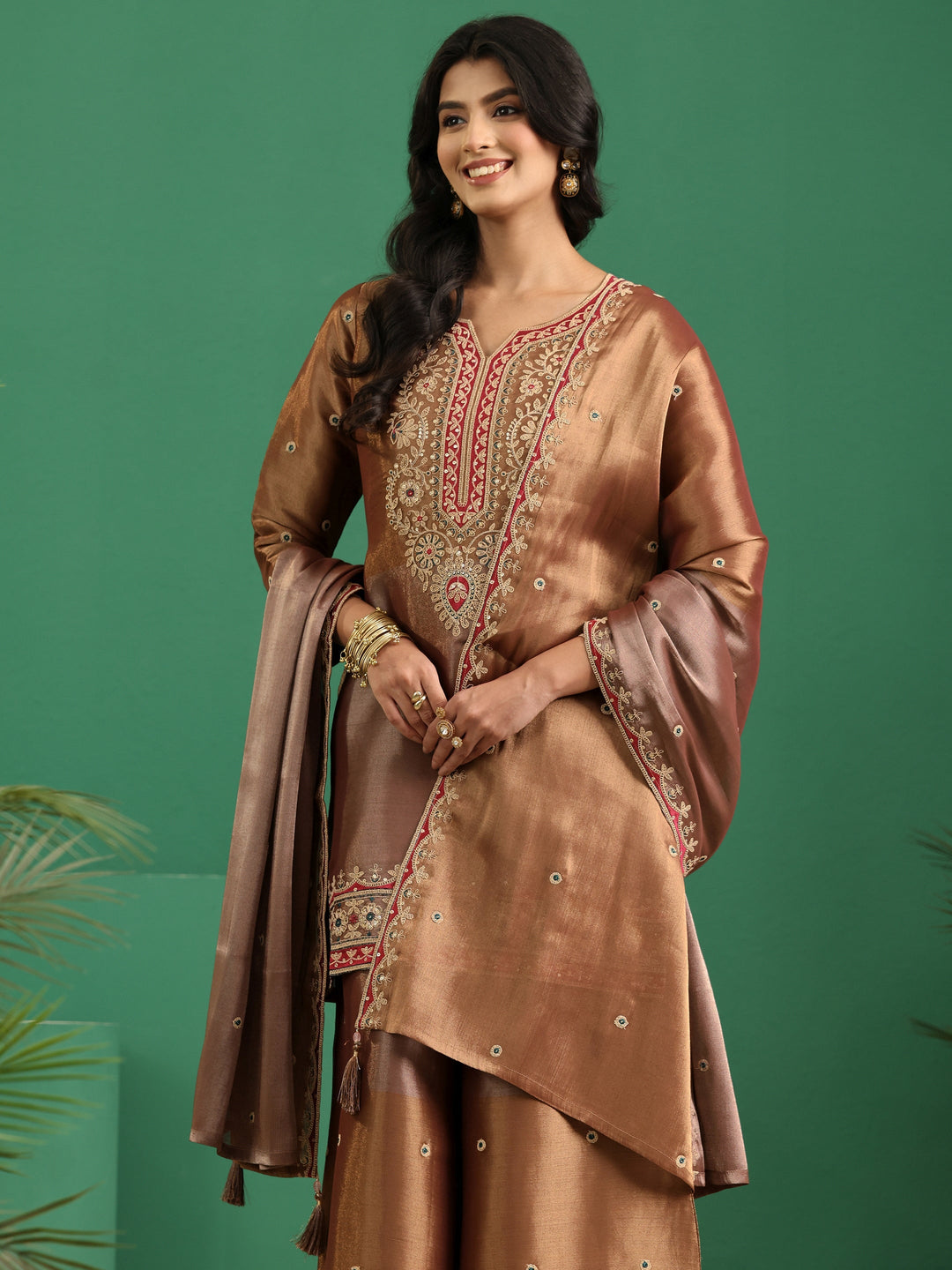  Libas Art Brown Floral Embellished Silk Blend Palazzo Suit Set 