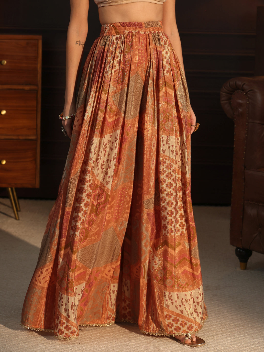  Libas Art Orange Floral Embellished Tissue Palazzo Suit Set 