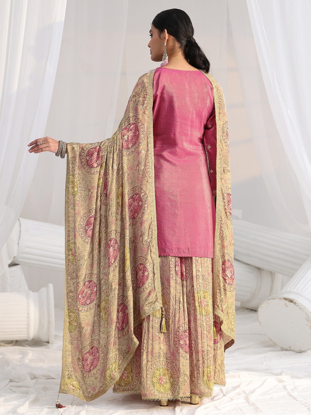 Libas Art Pink Floral Embellished Kurta With Crinkled Palazzo Suit Set 