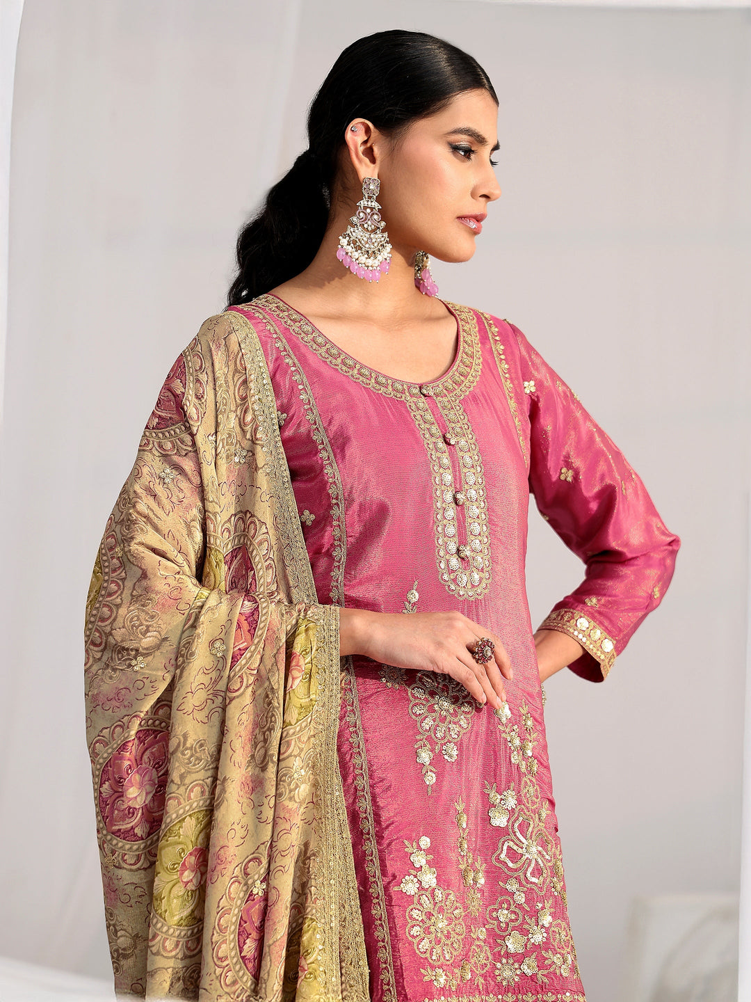  Libas Art Pink Floral Embellished Kurta With Crinkled Palazzo Suit Set 