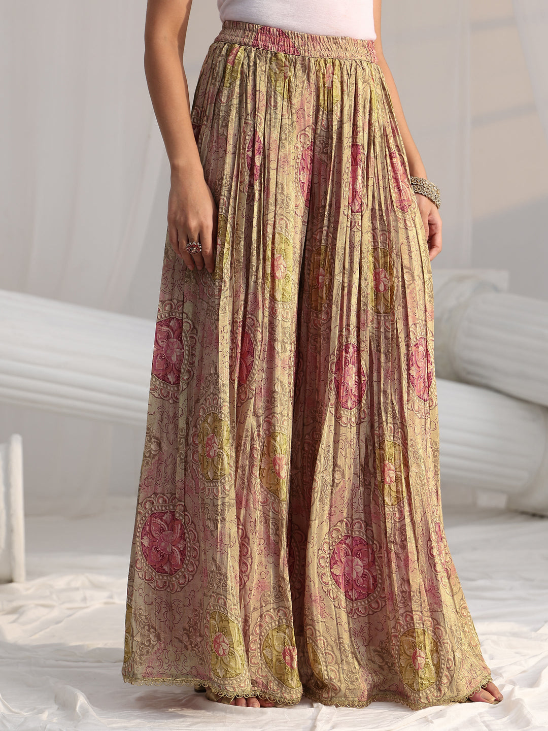 Libas Art Pink Floral Embellished Kurta With Crinkled Palazzo Suit Set 