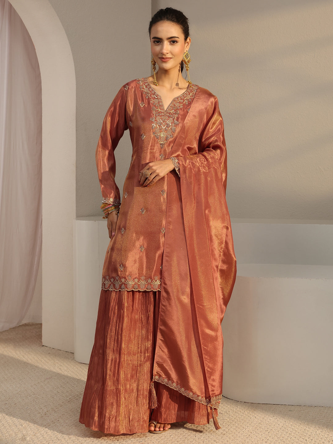  Libas Art Rust Embellished Tissue Palazzo Suit Set With Dupatta 