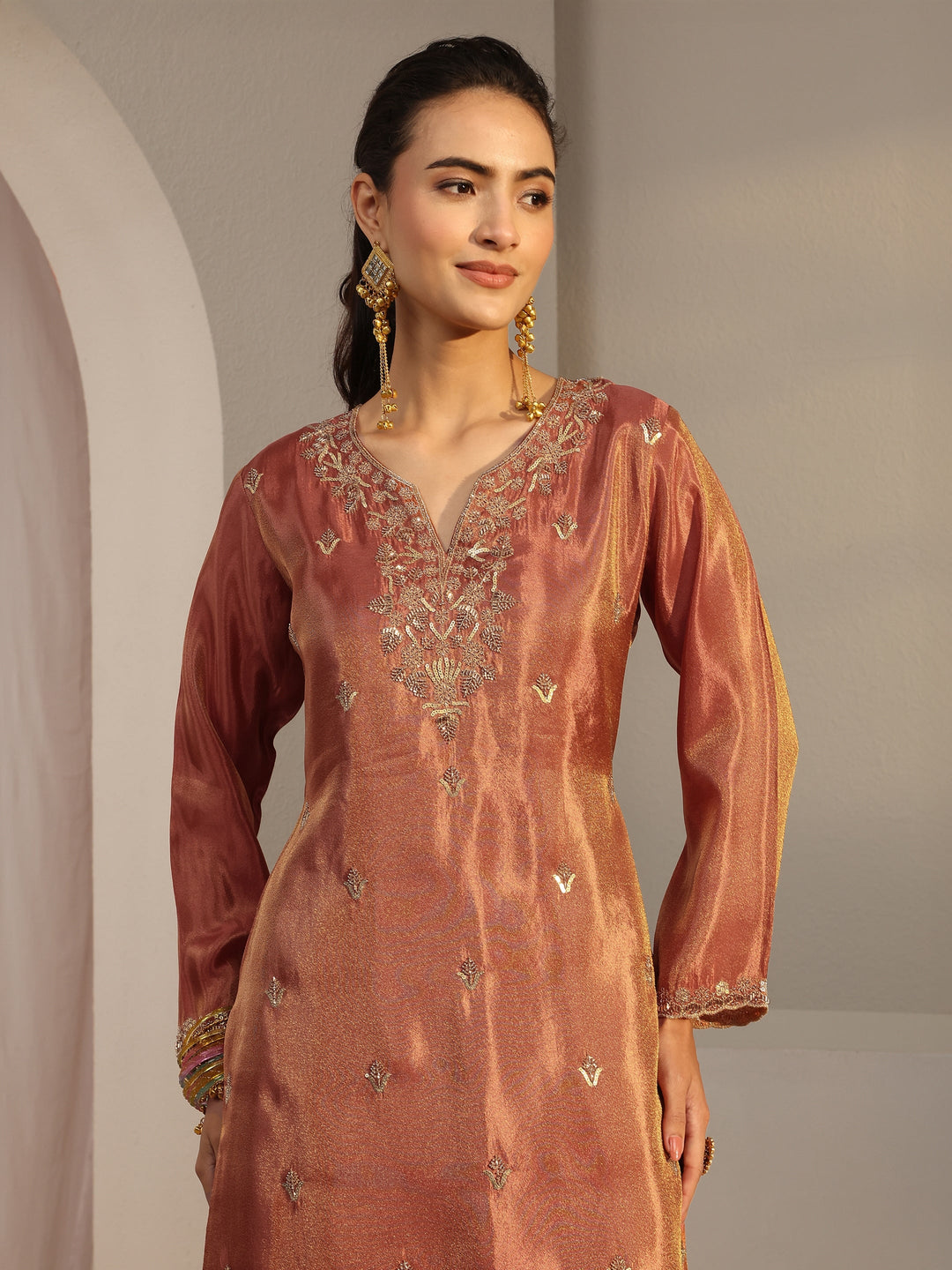  Libas Art Rust Embellished Tissue Palazzo Suit Set With Dupatta 