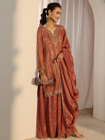 Libas Art Rust Embellished Tissue Palazzo Suit Set With Dupatta