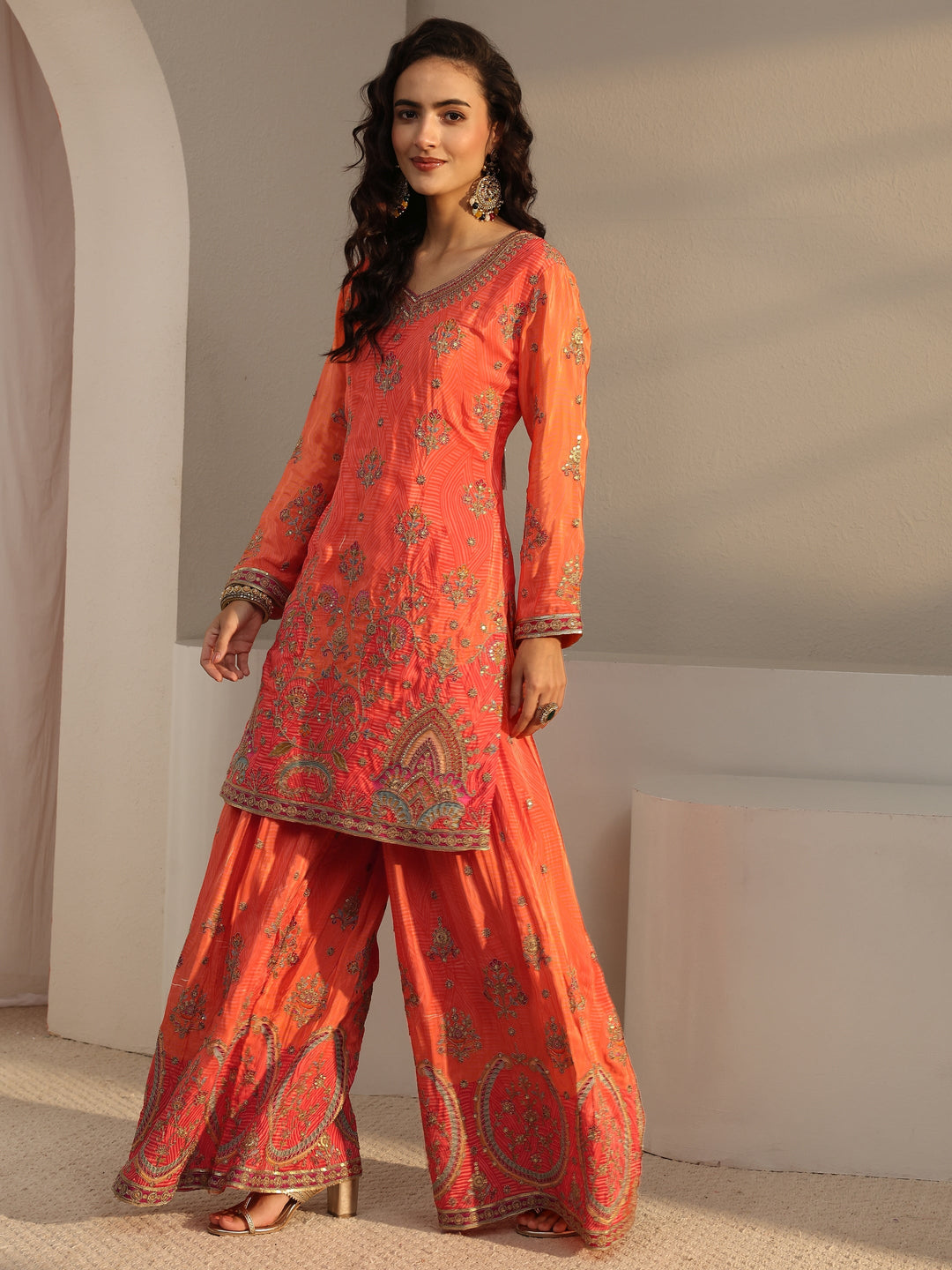  Libas Art Orange Floral Embroidered Silk Blend Palazzo Suit Set With Dupatta 