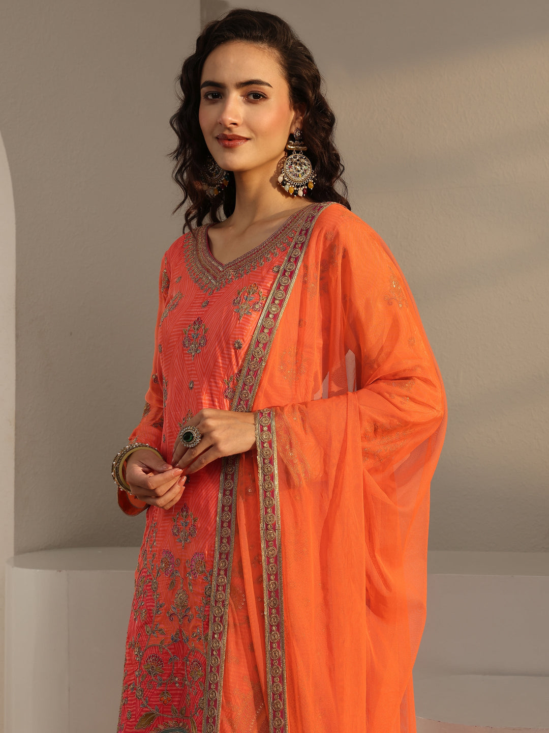  Libas Art Orange Floral Embroidered Silk Blend Palazzo Suit Set With Dupatta 