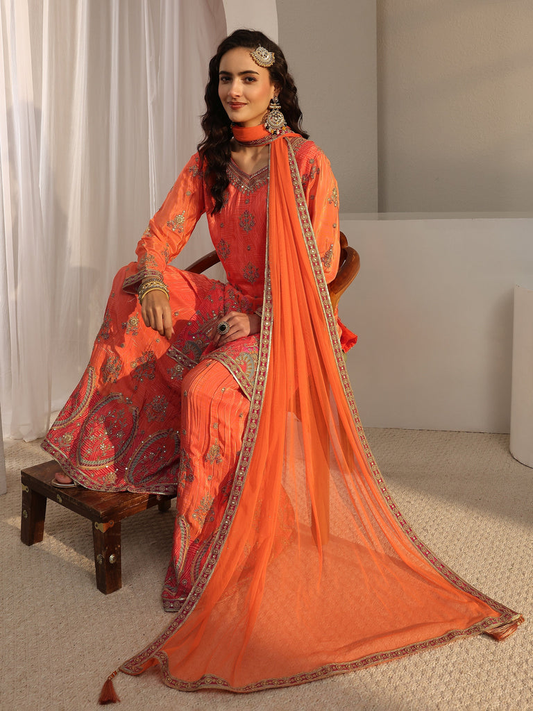 Libas Art Orange Floral Embroidered Silk Blend Palazzo Suit Set With Dupatta
