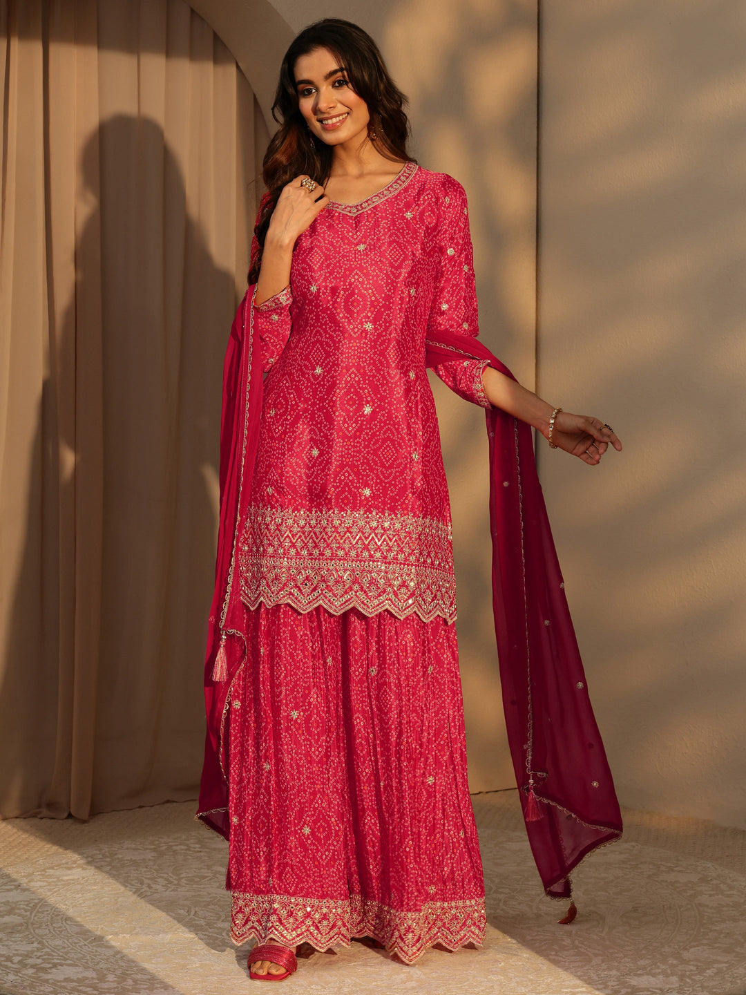  Libas Art Red Bandhani Print Embellished Chinon Palazzo Straight Suit Set 