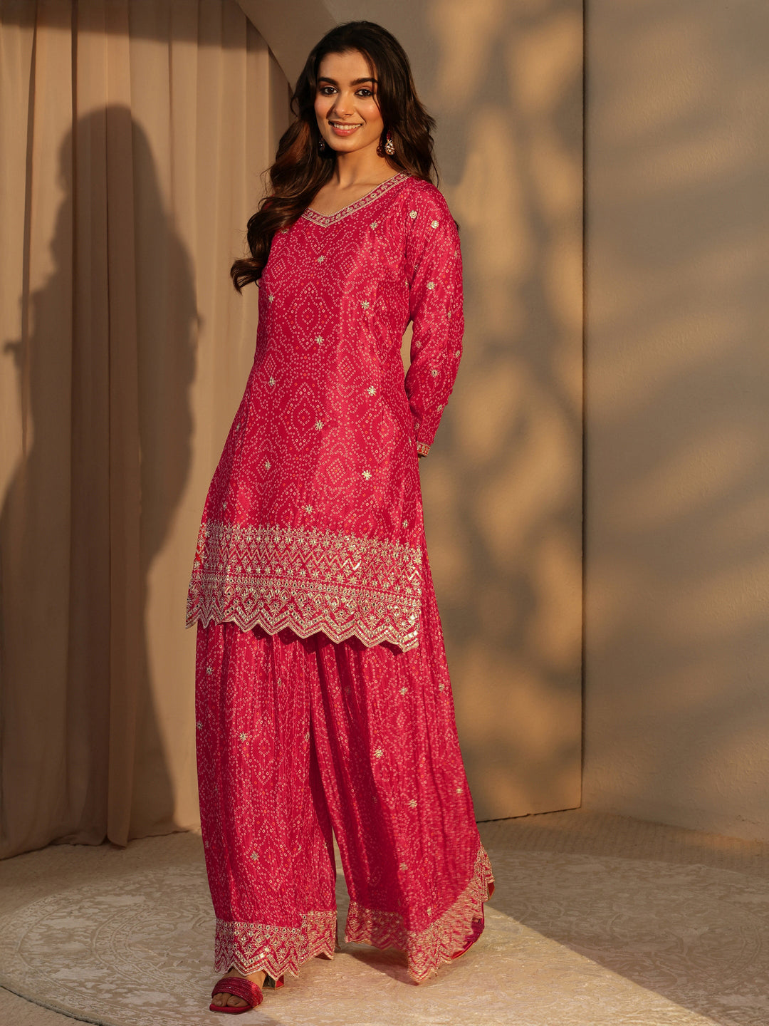  Libas Art Red Bandhani Print Embellished Chinon Palazzo Straight Suit Set 
