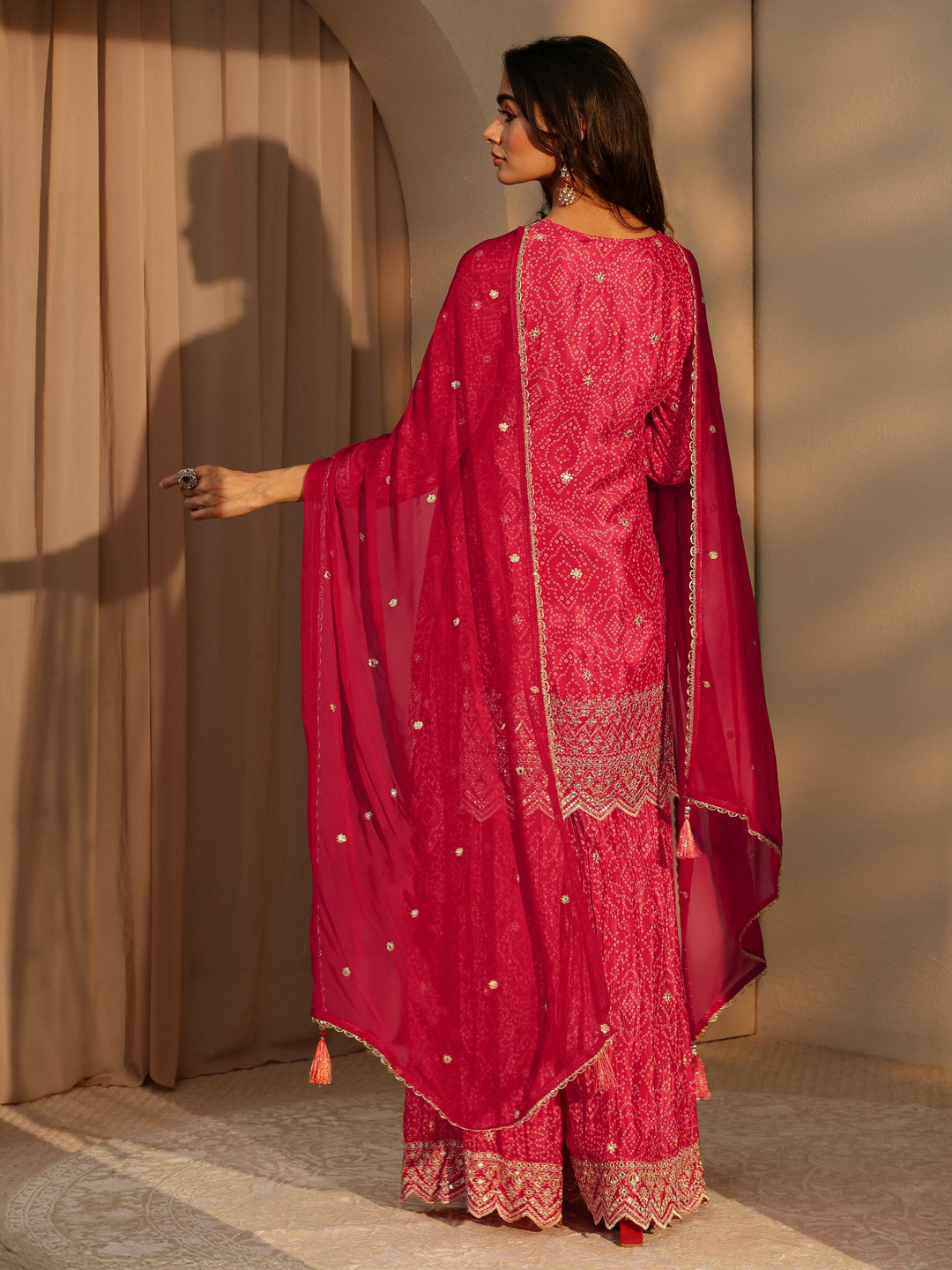  Libas Art Red Bandhani Print Embellished Chinon Palazzo Straight Suit Set 