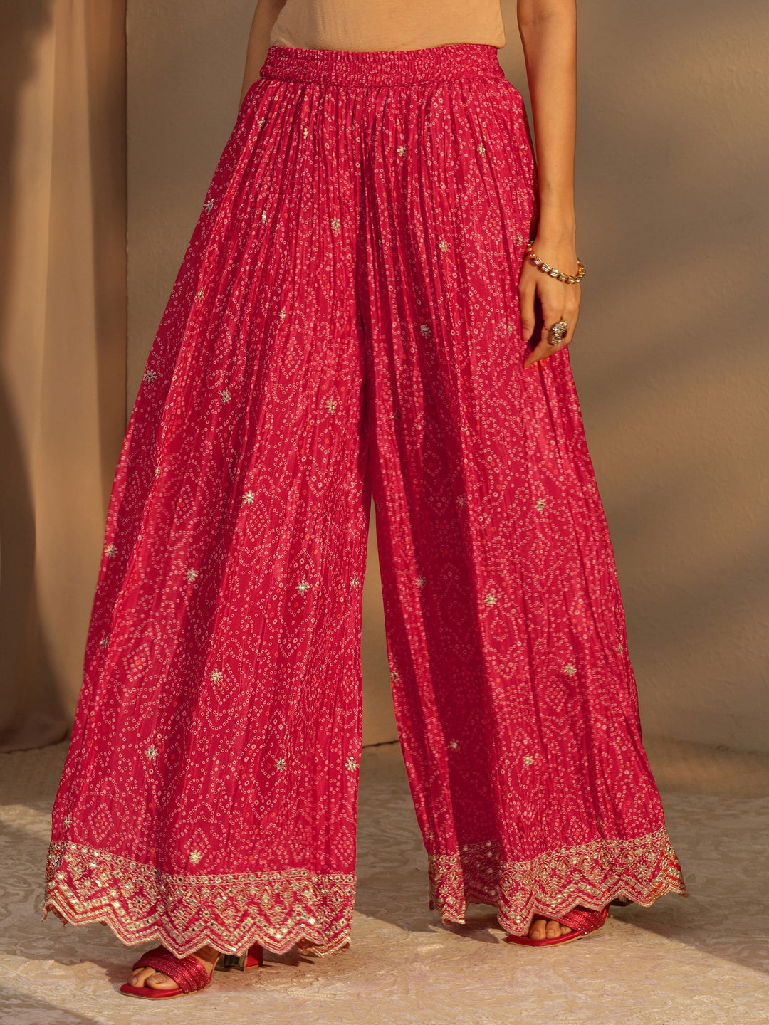  Libas Art Red Bandhani Print Embellished Chinon Palazzo Straight Suit Set 