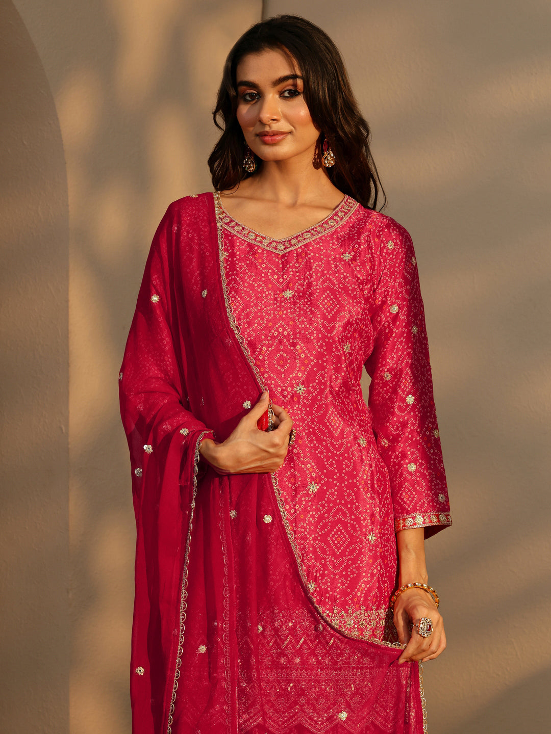  Libas Art Red Bandhani Print Embellished Chinon Palazzo Straight Suit Set 