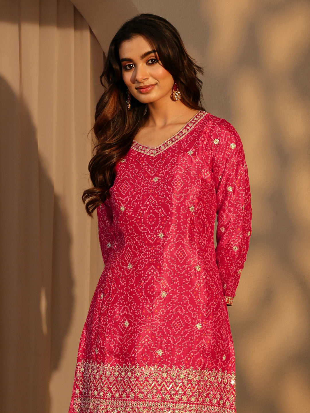  Libas Art Red Bandhani Print Embellished Chinon Palazzo Straight Suit Set 