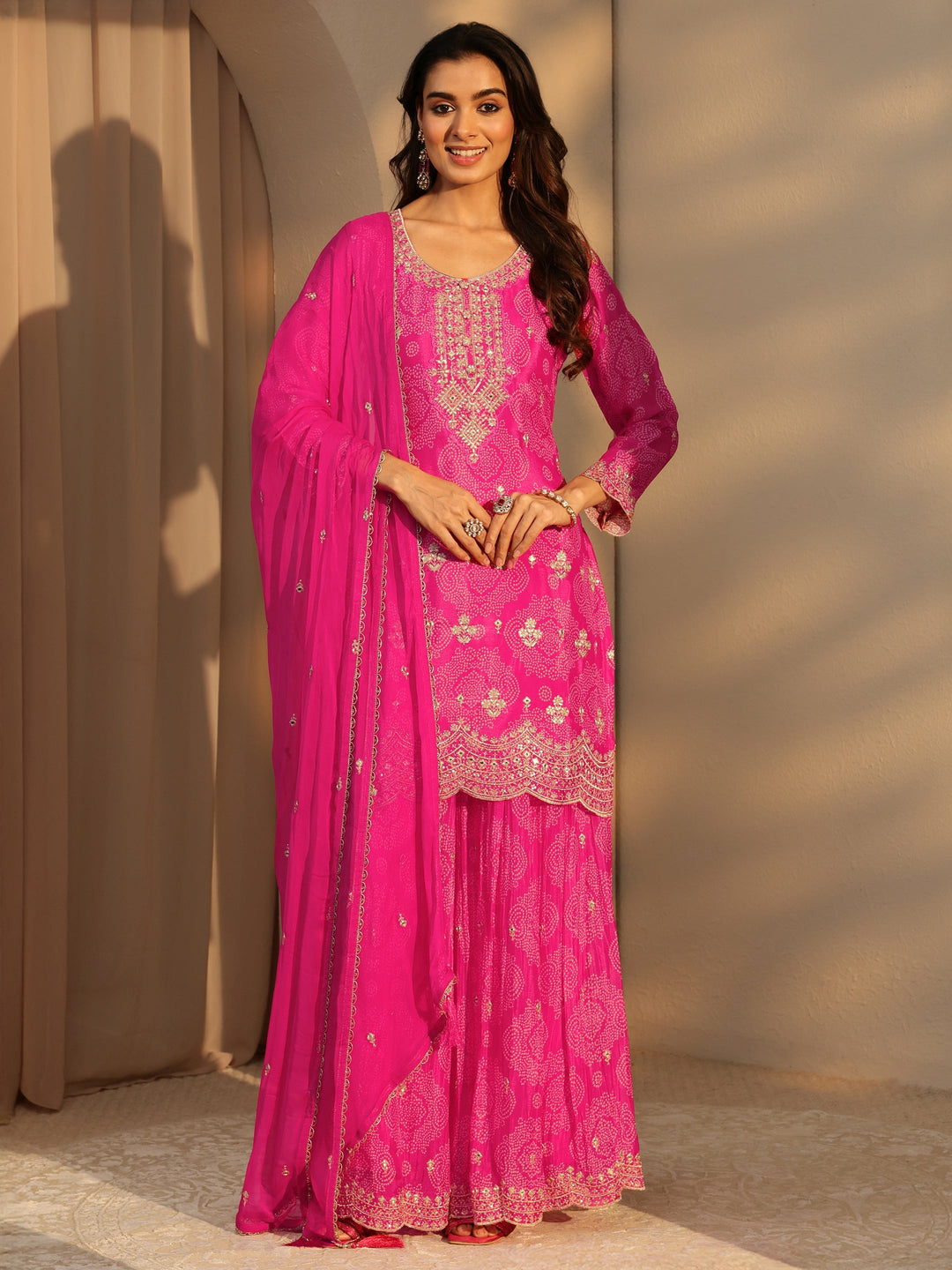  Libas Art Pink Bandhani Print Embellished Chinon Palazzo Straight Suit Set 