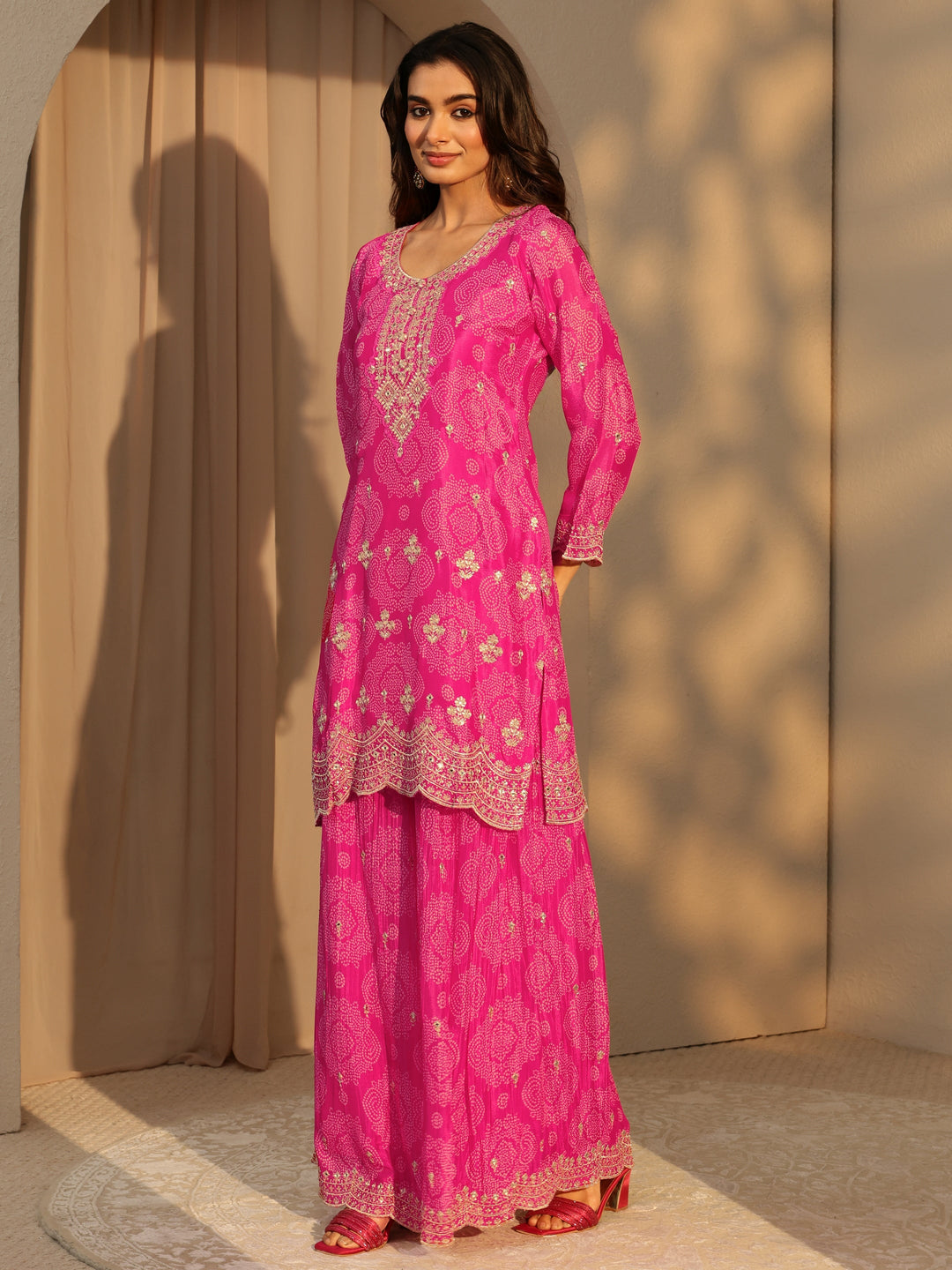  Libas Art Pink Bandhani Print Embellished Chinon Palazzo Straight Suit Set 