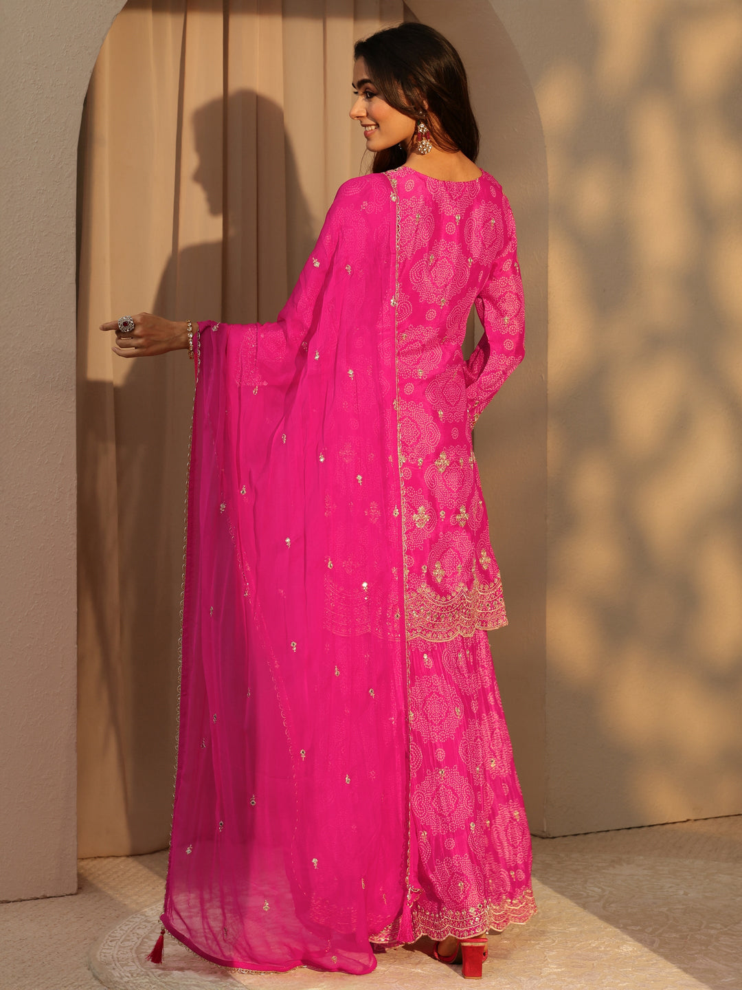  Libas Art Pink Bandhani Print Embellished Chinon Palazzo Straight Suit Set 