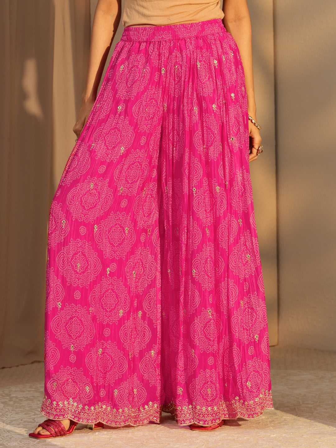  Libas Art Pink Bandhani Print Embellished Chinon Palazzo Straight Suit Set 