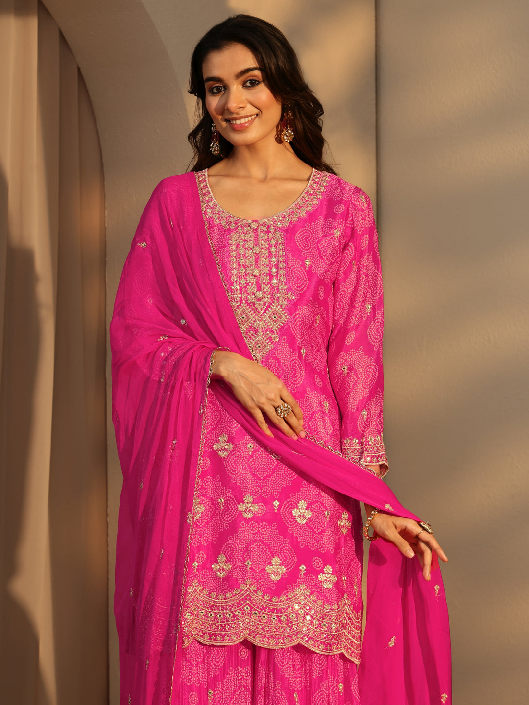  Libas Art Pink Bandhani Print Embellished Chinon Palazzo Straight Suit Set 