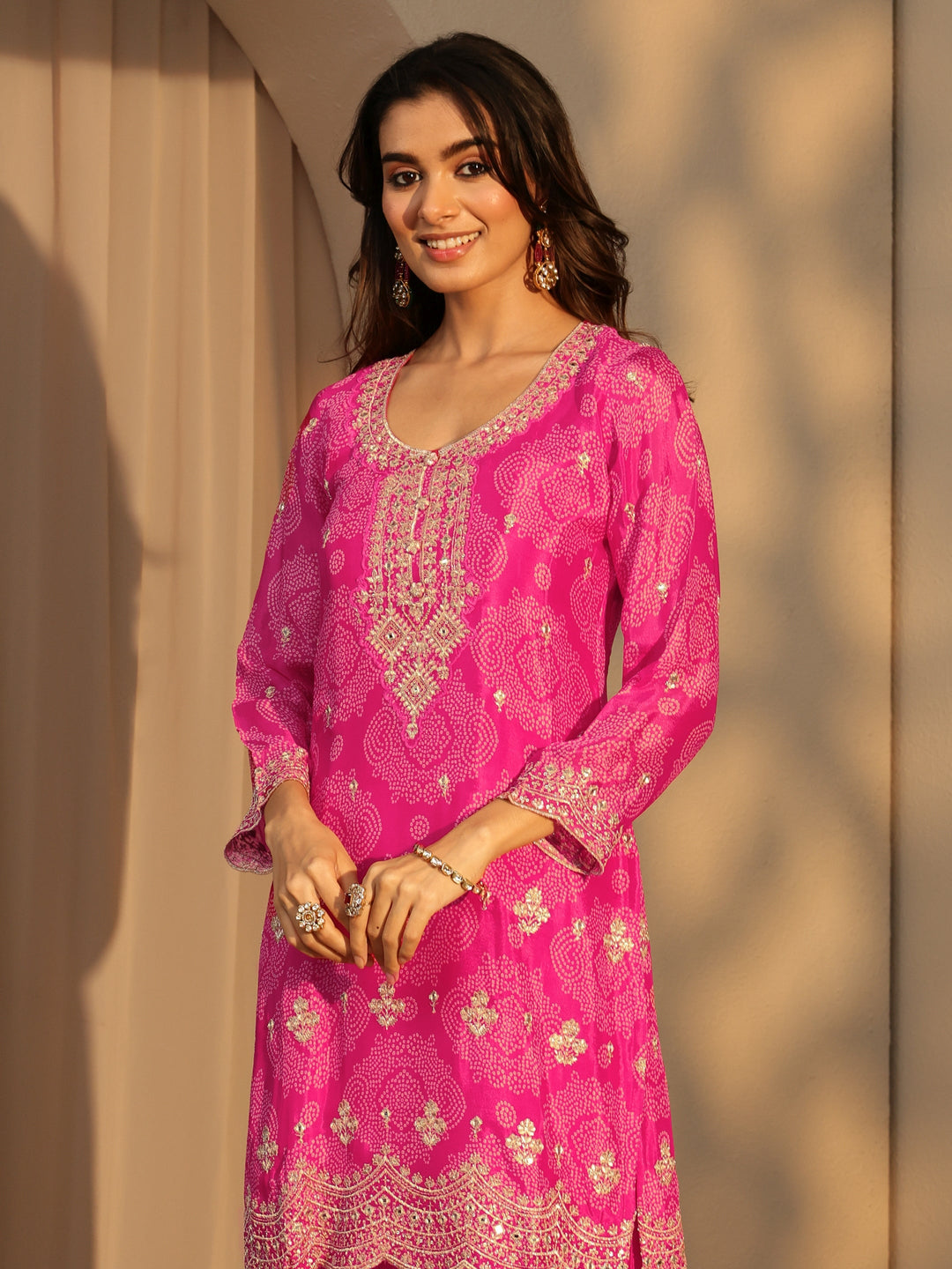  Libas Art Pink Bandhani Print Embellished Chinon Palazzo Straight Suit Set 